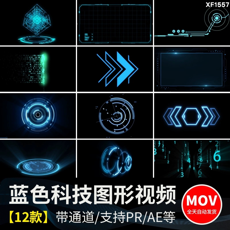 蓝色科技感数字化赛博朋克图形元素动画透明底通道pr/ae视频素材-问小徐资源库